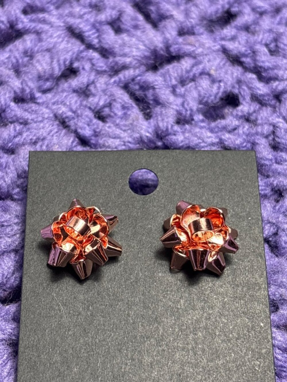 Rose Goldtone Christmas Bow Stud Earrings Pink Metal 0.75 inch